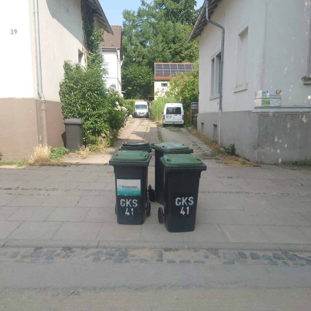 Mülltonnen vor der Einfahrt. Griffe immerhin anweisungskonform